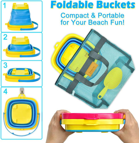 2 Set Collapsible Beach Sand Toys for Kids - Travel Beach Toys with Collapsible Beach Buckets, Mesh Bags, Sand Castle