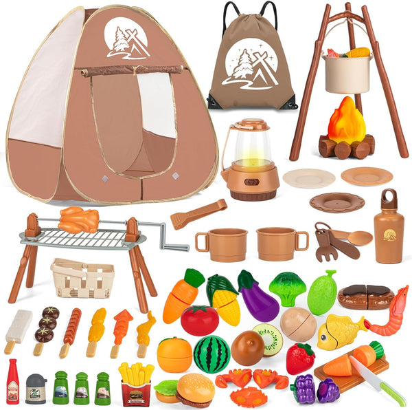 80PCS Kids Camping Toys Set - Play Tent Campfire Toys, Toy BBQ Grill Set, Pretend Cutting Play Food for Kids