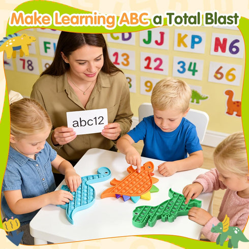 HILUDEER 3 Pack Pop Fidget Toy Its with Alphabet, Sensory Fidget Poppers ABC Learning Toys for Kids Silicone Dinosaur