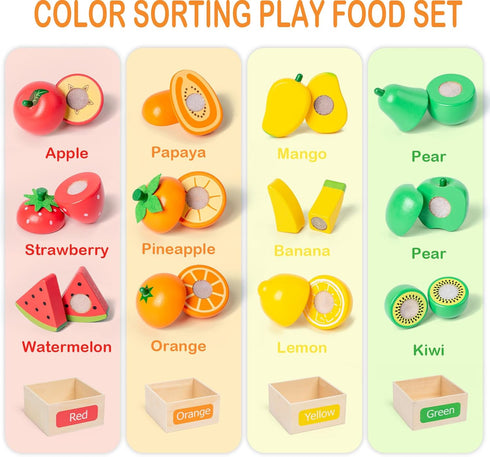 Sets Set Wooden Play Food for Kids Kitchen Accessories, Velcro Fruit and Veggies Cutting for Kids, Pretend Play Food
