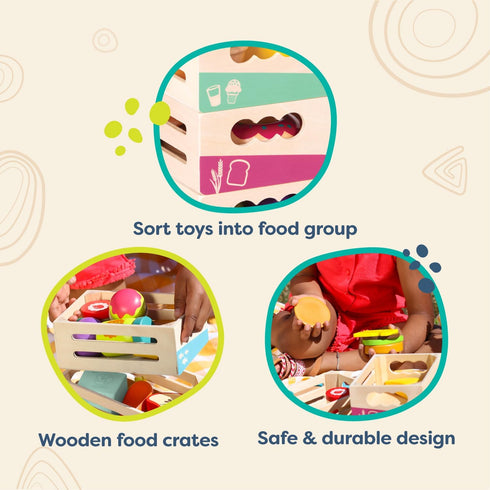 24-Piece 3+ B. toys Little Foodie Groups Wooden Grocery Toy with Categorized Food Crates Encourage Sorting, Healthy