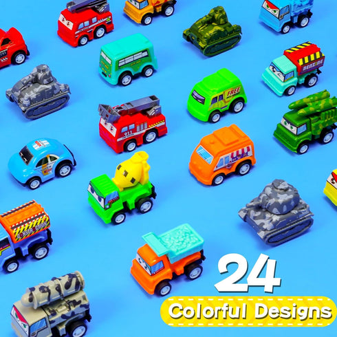 MGparty 24 Pack Prefilled Easter Eggs with Car Toys for Kids Toddlers Bulk Plastic Eggs Pull Back City Truck Vehicles