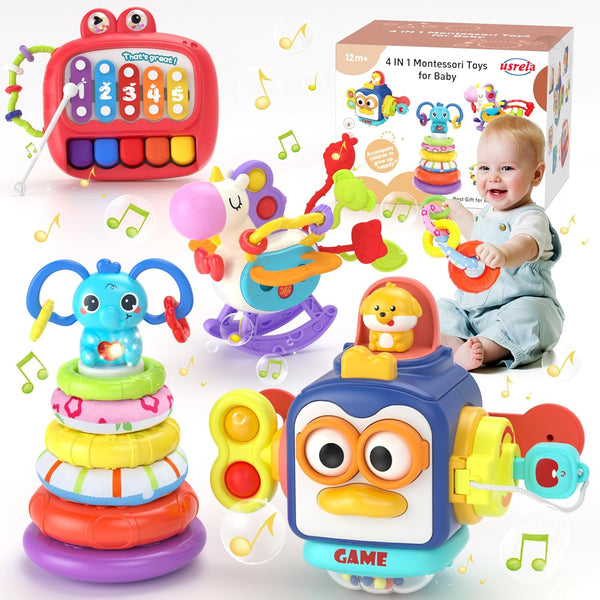 4 in 1 Baby Toy for 6-18 Months, Learning Toys for Babies, Busy Cube, Stacking Toys, Unicorn Pull String Toy