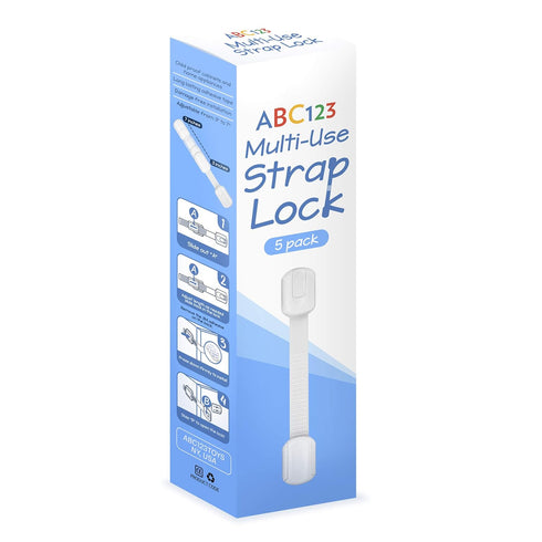 ABC123 Child Safety Strap Locks (5 Pack) - Adjustable Strap Latches for Baby Proofing Cabinets, Drawers