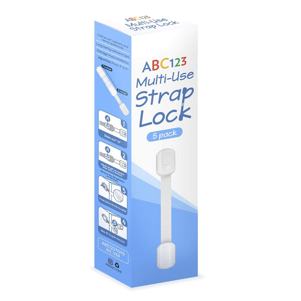 ABC123 Child Safety Strap Locks (5 Pack) - Adjustable Strap Latches for Baby Proofing Cabinets, Drawers