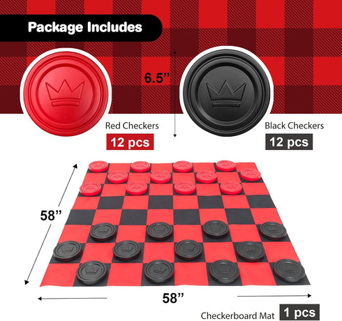 Jumbo Checkers Set with Storage Bag, 58 Inch Mat for Outdoor & Indoor Play, Backyard Board Games for Kids Ages 5-8,