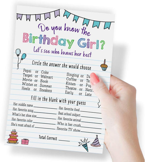 Printed Party Kids Birthday Game, Who Knows Her Best, Notebook Theme, Set of 25