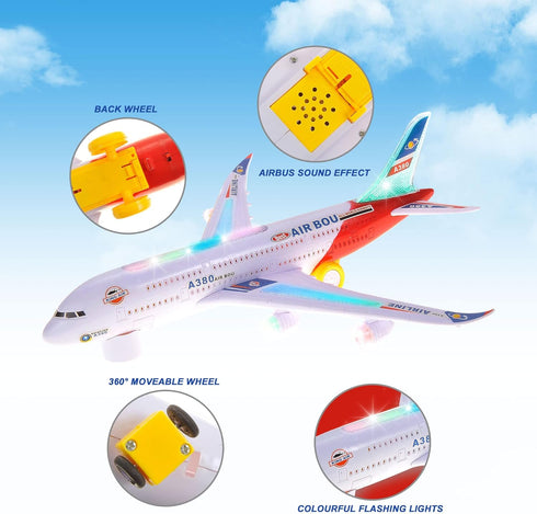 PowerTRC Kids Airplane Toys, Bump & Go Action Airplane with LED Light and Music, Gift for Boys Girls Ages 3-12