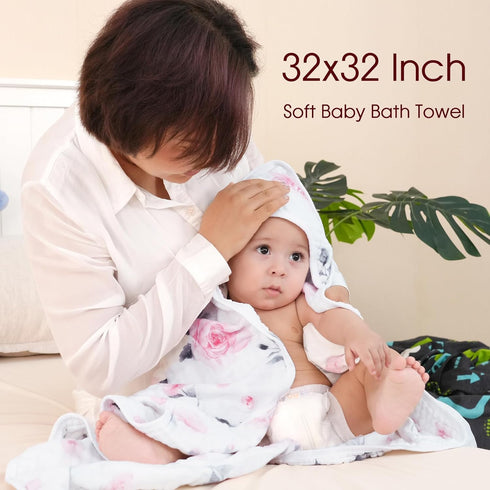2 Pack 100% 6-Layer 32x32Inch, david's kids Hooded Baby Towels, Muslin Cotton Ultra Soft Breathable Absorbent Baby Bath