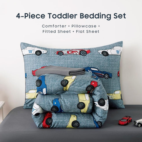 Set 4 Set Wake In Cloud - Race Car Toddler Bedding for Boys, Cute Colorful Sports Car Supercar Wheels, Pieces Soft Crib