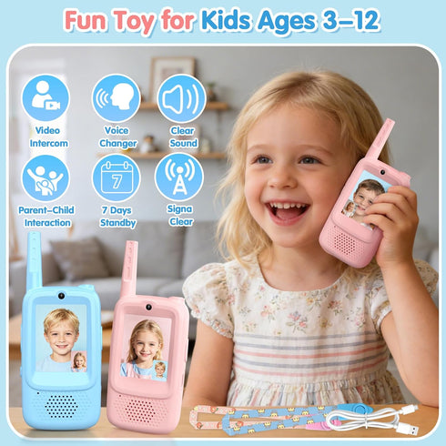Dolwenqi 2 Pack 3-10 Video Walkie Talkies for Kids, Rechargeable Kids Walkie Talkies with Video Intercom Voice Changer