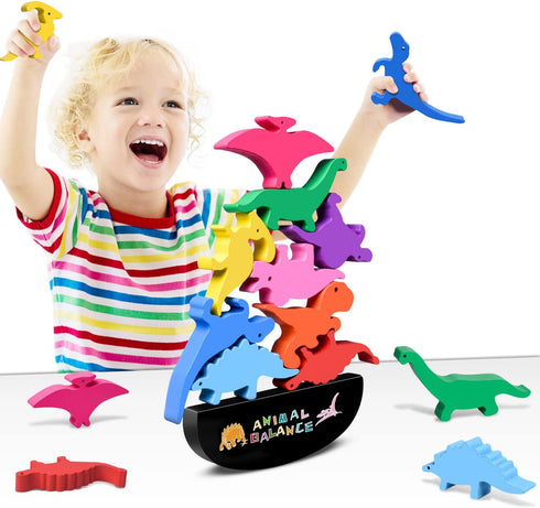 FFTROC Montessori Dinosaur Toys for 2-4 Year Old Boys, Wooden Stacking Balancing Block Sets for Kids