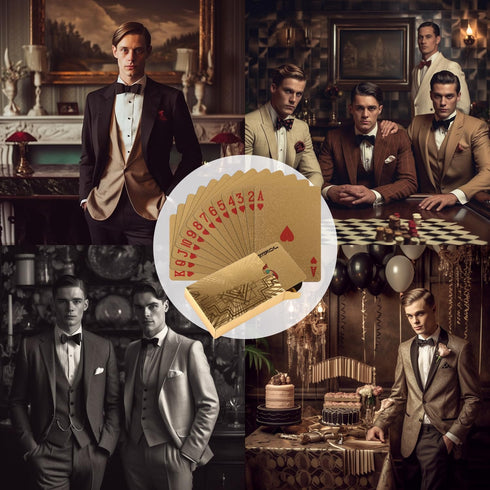 Vijiv 2 PCS Luxury Gold Poker Playing Cards Deck - Waterproof Plastic Foil for 1920 Gatsby Party Decor