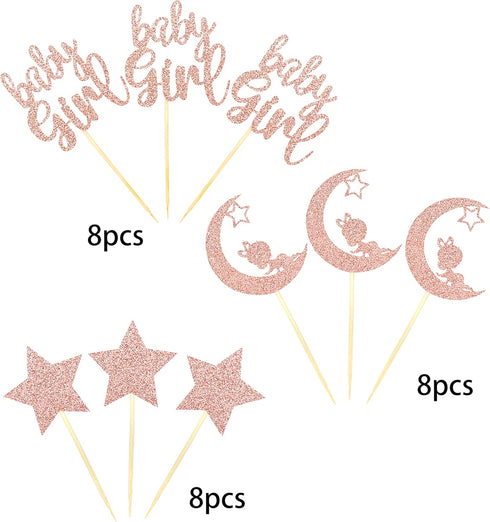 24 PCS Rose Gold Baby Girl Cupcake Toppers with Moon Star Glitter for Birthday Party Cake Decorations