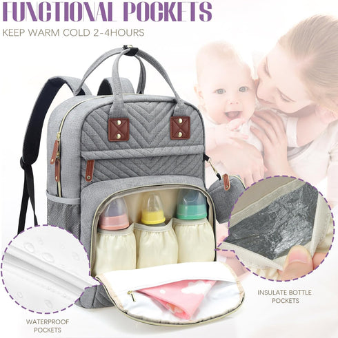 Diaper Bag Backpack, Grey Travel Essentials Tote Bag, Multi-Function Waterproof Backpack with Stroller Straps &