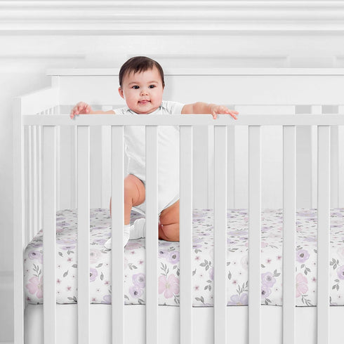Sweet Jojo Designs Fitted Baby Jersey Crib Sheets (Purple/Grey Boho Floral) for Girls, Infant Nursery, Toddler Room