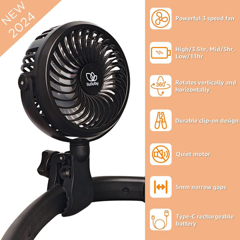 liuliuby Baby Stroller Fan with Clip | Clip On Fan for Baby Car Seat | Portable & Rechargeable with Durable Clamp |