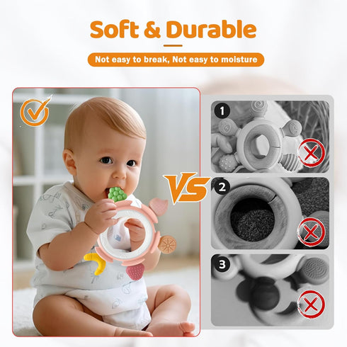 3-12 Baby Teething Ring Toy for Months, Silicone Infant Teether for Sore Gum Relief, Soothing Sensory Chew Toy, Ideal