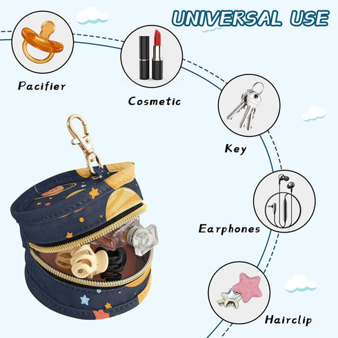 YETTASBIN Solar System Portable Pacifier Holder Case with Metal Hook Buckle & Zipper for Diaper Bag and Stroller