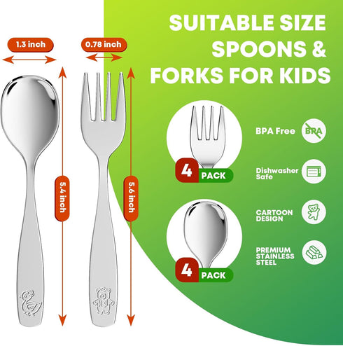 8 Pieces Toddler Utensils, Kids Stainless Steel Silverware Set - 4pcs Forks and 4pcs Spoon, Cute Children Flatware Sets with Mirror Polished, Self Feeding Safe, Dishwasher Safe by WXCWYQR