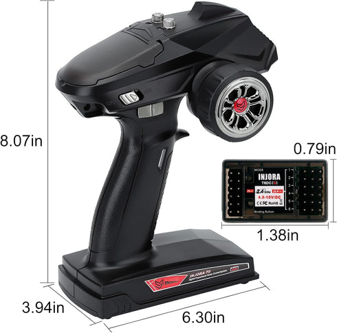 INJORA RC Transmitter 2.4GHz 6CH Controller and Receiver for 1/8 1/10 RC Car Boat Tanks Crawler TRX4 SCX10 Upgrade Parts