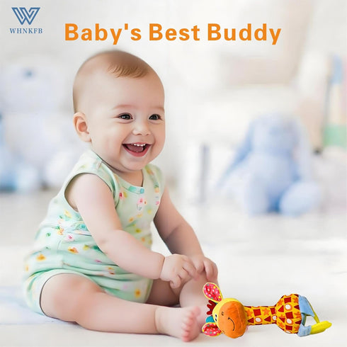 WHNKFB 0-12 Baby Teether Rattle Toy - Soft Giraffe Plush with Crinkle Squeaky Sound, Sensory Shaker for Newborns
