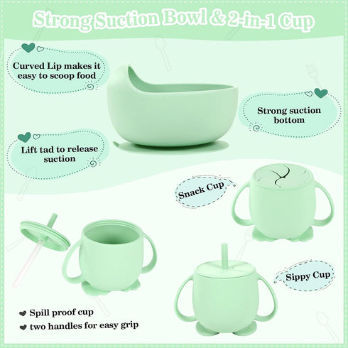BXLL 10 Set Pcs Green Silicone Baby Feeding - Baby Led Weaning Supplies with Suction Bowl, Divided Plate, Bibs, Fruit