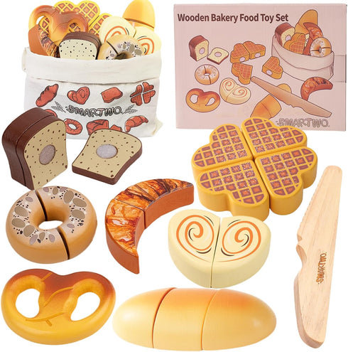 Wooden Play Food Toys for Toddler,Kids Baking Cutting Game Set,Children Kitchen Bakery