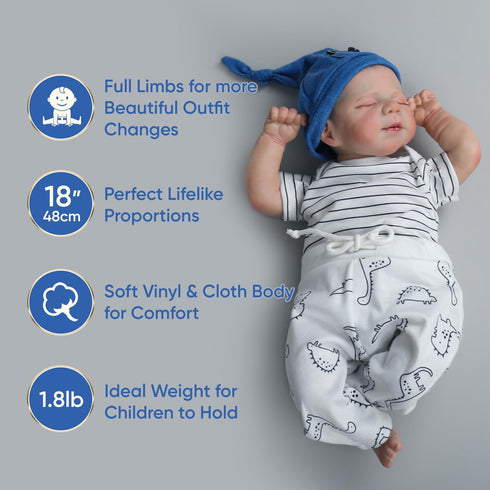 WOOROY Realistic Reborn Baby Dolls Boy, 18-Inch Newborn Baby Doll with Soft Cloth Body, Gift for Kids