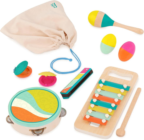 B. toys Make a Melody 9 Pieces Wooden Musical Instruments Xylophone, Tambourine,