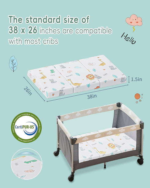 Pack 38"x26" Pack Trifold and Play Mattress N Play Mattresses for Baby Toddler, Portable Mini Crib Mattress for Playpen