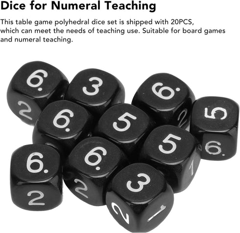 20Pcs Black 6 Sided Number Dice, Round Corner Polyhedral Dice, 16mm Role Playing Dice for Numeral Teaching Board Games