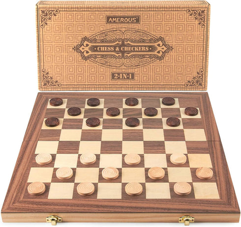 15'' Set, 2 1 -2 -24 Packed Set AMEROUS Wooden Chess & Checkers in Board Games Extra Queens Cherkers Pieces - Gift Box