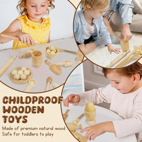 25PCS Set, Counting Hammering Hiawbon Wooden Sensory Bin Tools for Toddlers, Wooden Pretend Play Sensory Tools
