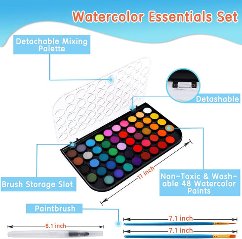 Watercolor Paint Set, 48 Colors Washable with Brush, Non-toxic for Kids, Adults, Beginners