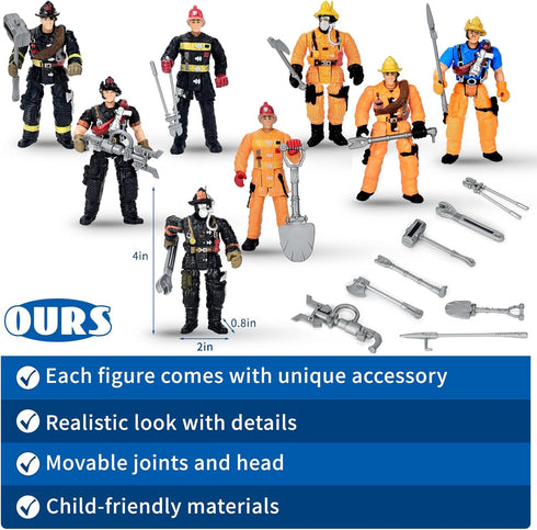 HAPTIME 8 Pieces Firefighter Action Figures, Fireman Toys for 3-7 Year Old Boys, 4-Inch Toy Figure & Playsets
