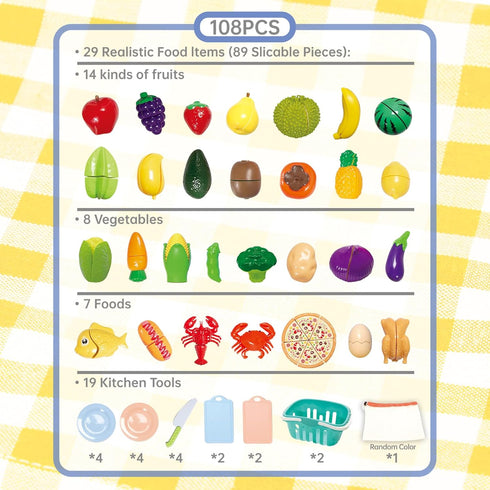 YOROCANO 108Pc Set Pretend Play Food for Kids Kitchen - Pretend Play Kitchen Accessories, Toys Play Food for Toddlers