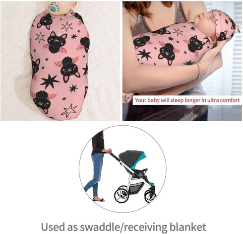 Halloween Cute Cartoon Bat Newborn Swaddle Blanket with Beanie Set, Soft Baby Sleep Sack Stretch Adjustable Wraps