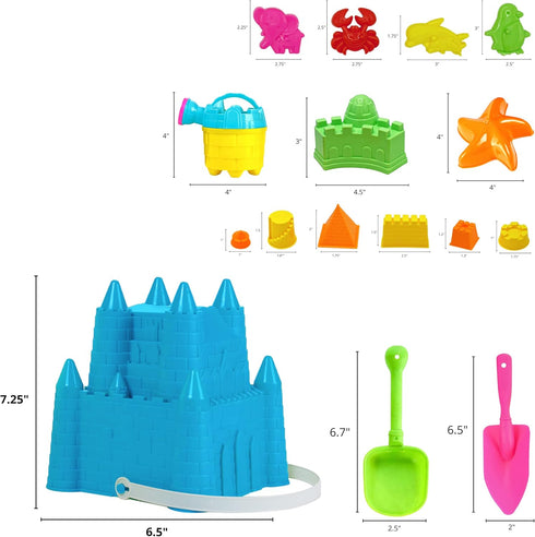 4E's Novelty Beach Toys for Kids with Bag, 17 Pcs Set Castle Beach Bucket with Shovels & Molds for Ages 3-10