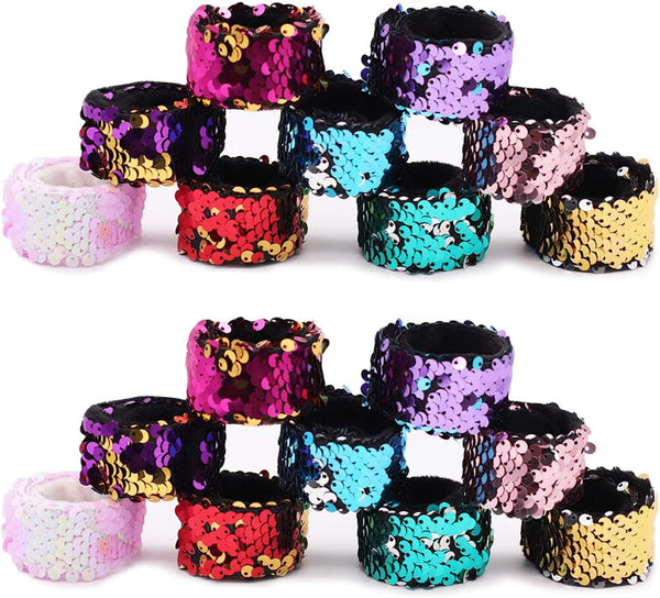 Childom 20 Pack Slap Bracelets - 2-Color Reversible Charm Bracelets with Sequins & Color Ball Head
