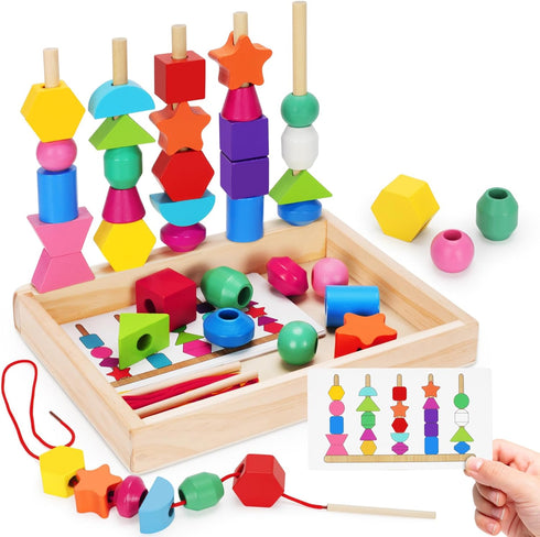 Montessori Wooden Lacing Beads Toys for 2-4 Year Olds, Sequencing & Stacking Block Toy with Storage Box