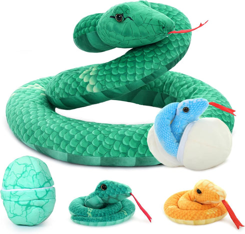 Muiteiur Giant 6 Piece Snake Stuffed Animal - 55 inch Mommy Snake with 3 Baby Snakes & 2 Eggs, Green Plush Toy