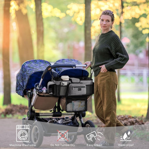 TOPDesign Universal Baby Stroller Organizer, Double Stroller Caddy with Detachable Mesh Bag & Heightened Insulated Cup