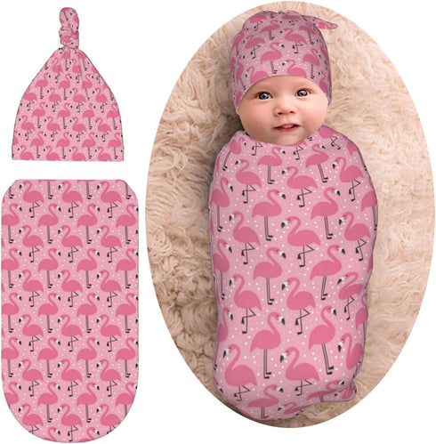 Broiteid Flamingo Cartoon Baby Stuff Newborn Baby Swaddle Blanket Swaddling Blanket with Beanie