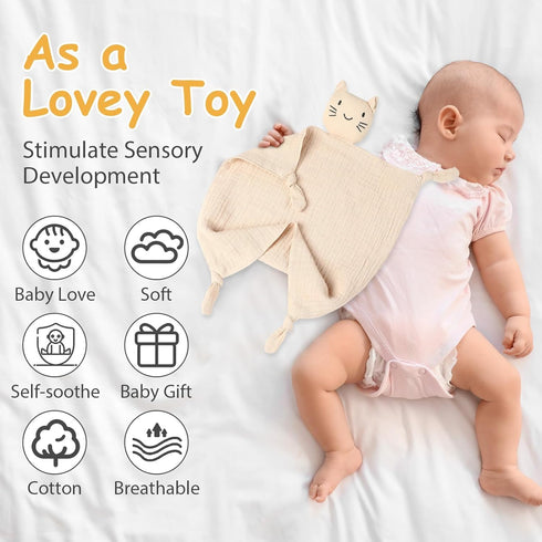 Cat Loveys for Baby, Muslin Security Blankets for Babies, Soft Breathable Cotton Snuggle Animals for Newborns