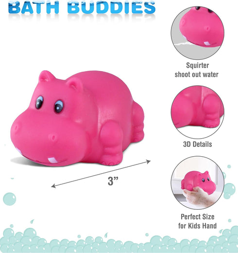DolliBu Hippo Bath Buddy Squirter - Floating Pink Hippo Rubber Bath Toy, Fun Water Squirting Bathtime Play For Toddlers