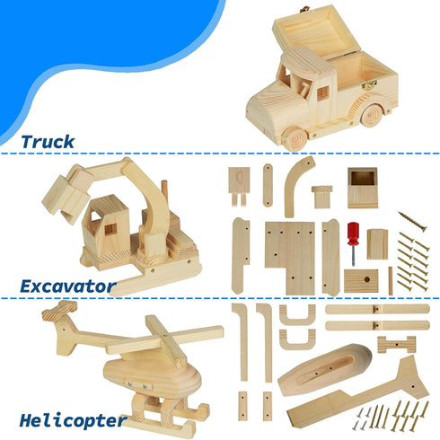 3 12 2 Set, 8+ Easy Playhouse: Wood Building Toy Kit - DIY Vehicle Projects: Helicopter, Truck & Excavator, Paint