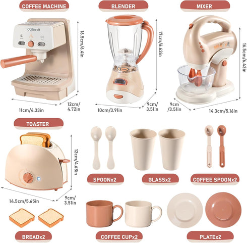 Kids Assorted Kitchen Appliance Play Toys Includes Coffee Maker ,Blender,Fruit Machine and Toaster ,Apron and Cups