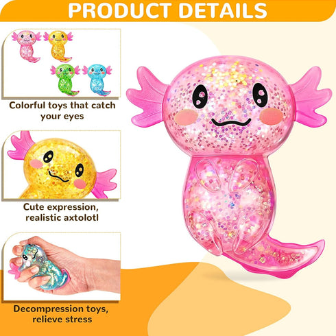 Simgoing 6 Pcs Axolotl Stress Toy Squeeze Axolotl Party Favors Malt Sugar Filled Stretchy Fidget Stress Ball Sensory