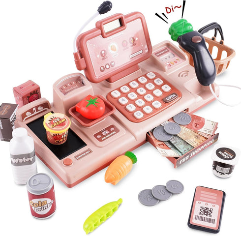 Count 3 4 5 6 7 8 Pretend Play Calculator Cash Register Toy with Sound,Microphone,Scanner,Credit Card and Conve Belt